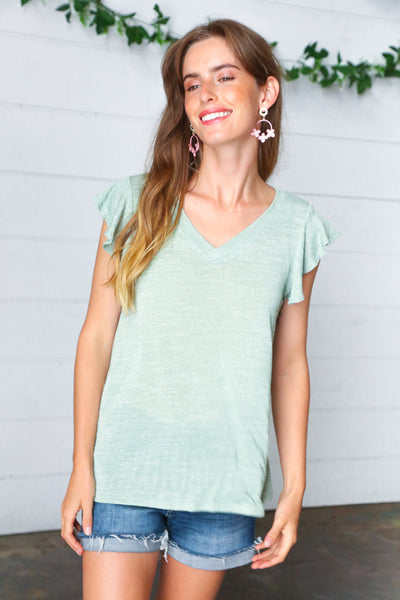 Sage Two Tone V Neck Ruffle Sleeve Top