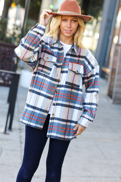 Perfectly You Taupe & Blue Plaid Flannel Button Down Shacket