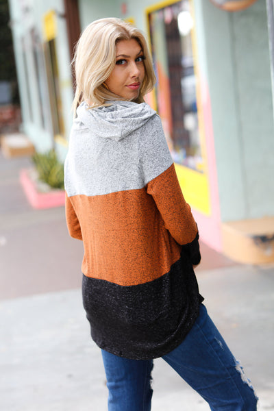 Cozy Up Heather Grey & Rust Color Block Hoodie Top