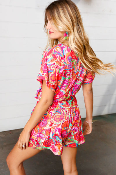 Vibrant Multicolor Floral Print Surplice Romper