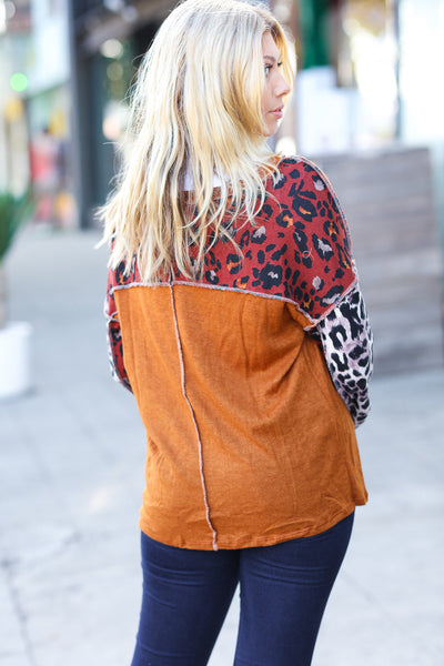 More Than Lovely Rust Colorblock Leopard Knit Top