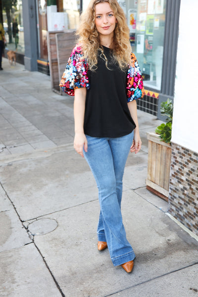 Glam Time Black Sequin Floral Puff Sleeve Top