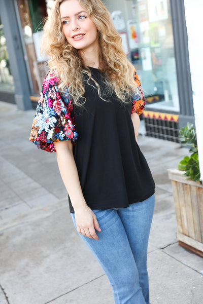 Glam Time Black Sequin Floral Puff Sleeve Top