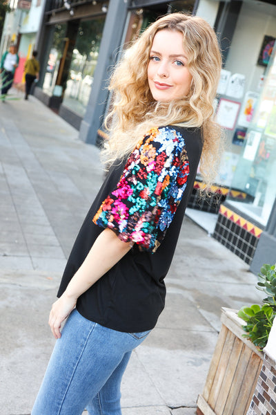 Glam Time Black Sequin Floral Puff Sleeve Top