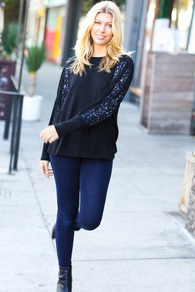 Black Hacci Floral Lace Bubble Sleeve Top