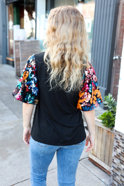 Glam Time Black Sequin Floral Puff Sleeve Top