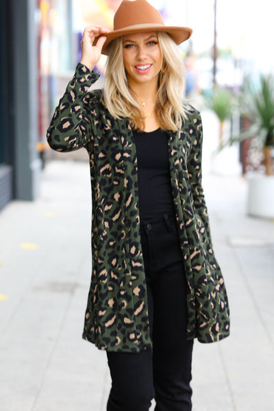 Weekend Envy Olive Animal Print Open Cardigan