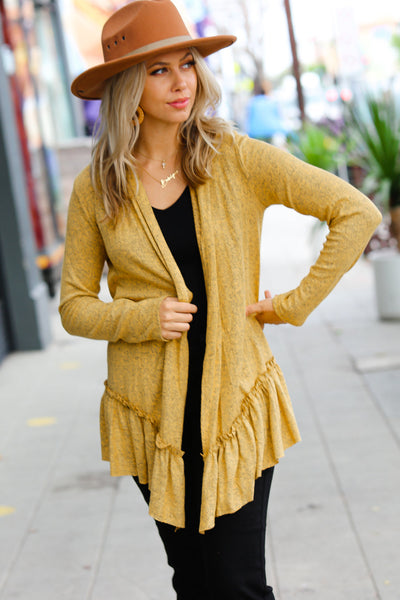 Face the Day Mustard Two-Tone Ruffle Cardigan