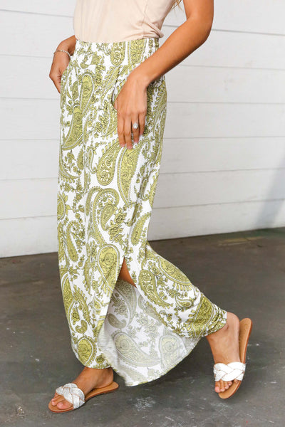 Light Green Paisley Print Side Slit Palazzo Pants