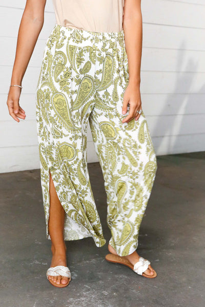 Light Green Paisley Print Side Slit Palazzo Pants