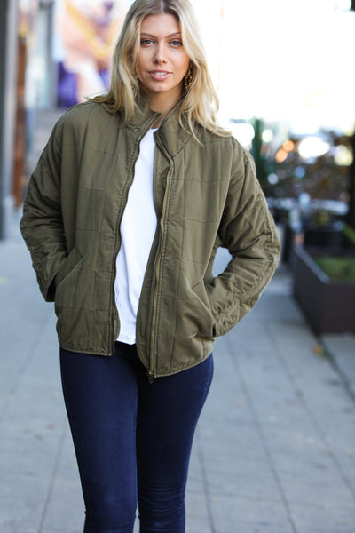 City Streets Olive Cotton Quilted Zip Up Jacket