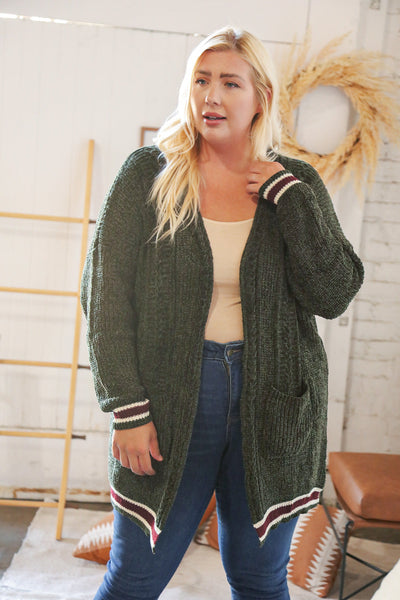 Forest Green Chenille Velvet Open Pocket Cardigan