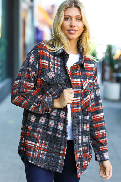 Plaid Happy Black & Rust Jacquard Oversize Pocketed Shacket