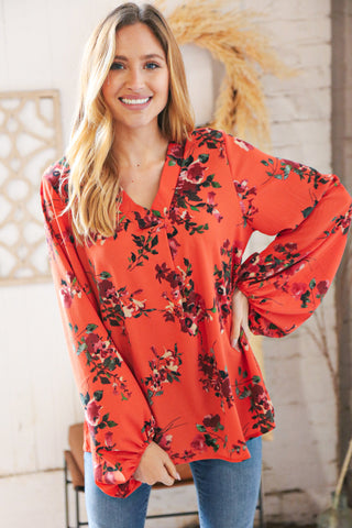 Sunset Floral V Neck Wool Dobby Top