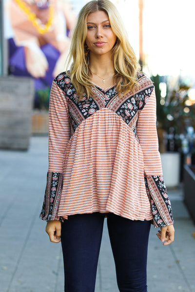 Rust Boho Floral Stripe Two Tone Bell Sleeve Top