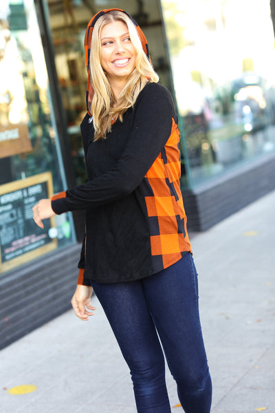 Looking Festive Black & Rust Plaid Hacci Knit Hoodie