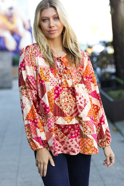 Rust/Magenta Patchwork Print Front Tie Boho Top