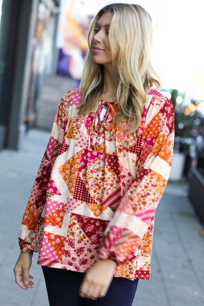 Rust/Magenta Patchwork Print Front Tie Boho Top