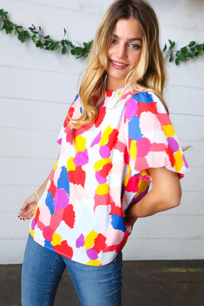 Multicolor Print Frilled Mock Neck Puff Sleeve Top