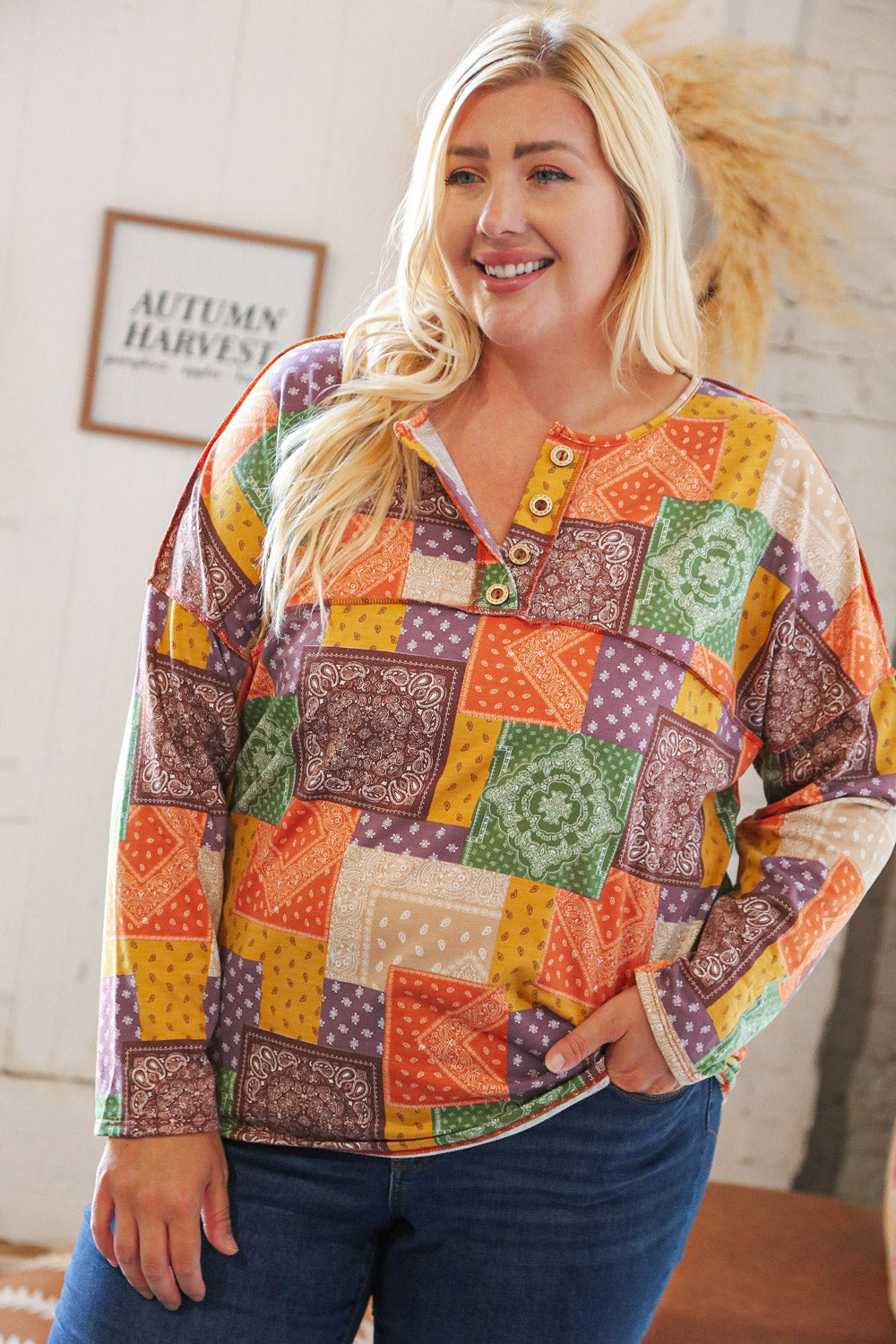 Multicolor Patchwork Button Down Terry Outseam Top