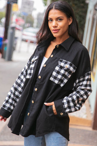 Buffalo Plaid Color Black Button Down Jacket