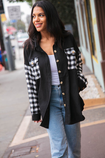 Buffalo Plaid Color Black Button Down Jacket