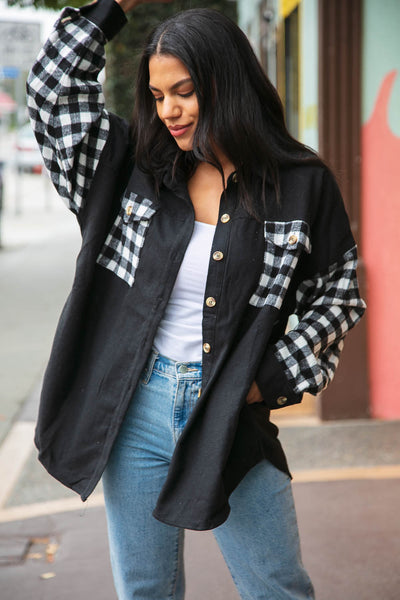 Buffalo Plaid Color Black Button Down Jacket