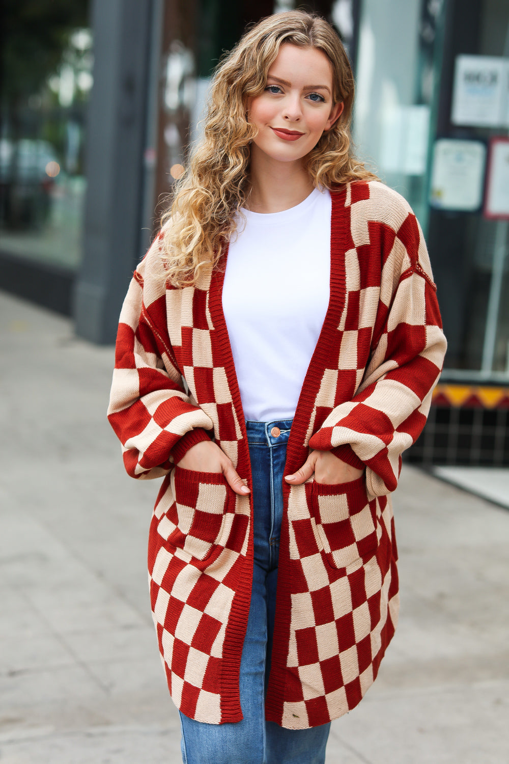 Can't Help But Love Rust Checkered Open Cardigan