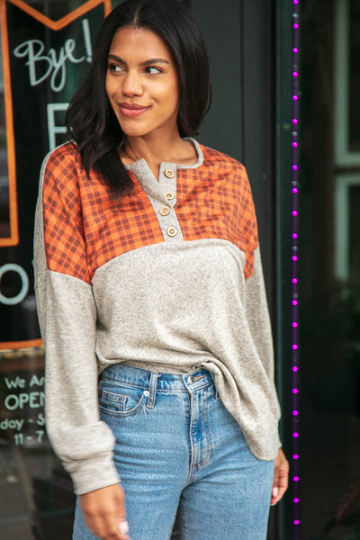 Plaid Cashmere Feel Two Tone Button Down Top