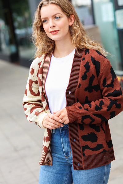 Taupe & Sepia Leopard Print Color Block Cardigan