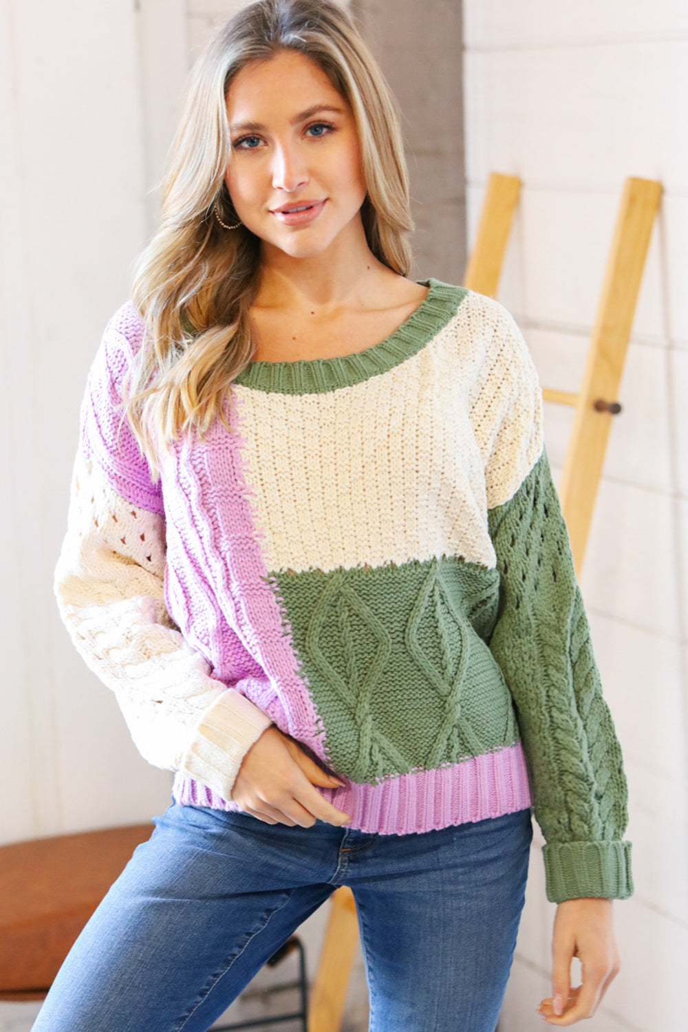 Ivory & Green Colorblock Cable Knit Sweater