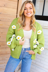 Fell In Love Lime Daisy Crochet Balloon Sleeve Chunky Cardigan