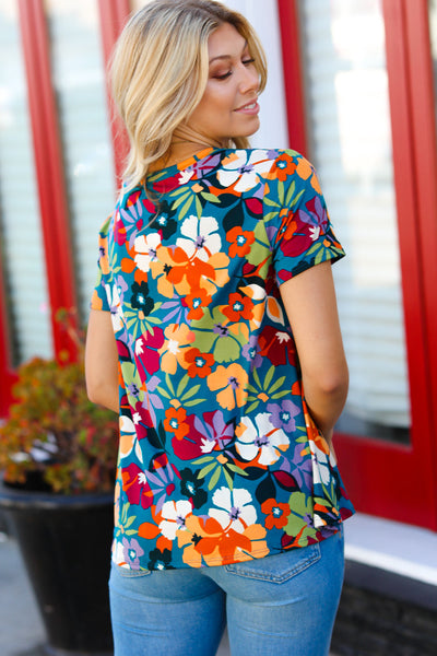 Teal & Maroon Flat Floral Print Top