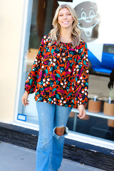 Magenta & Rust Boho Floral Bubble Sleeve Top