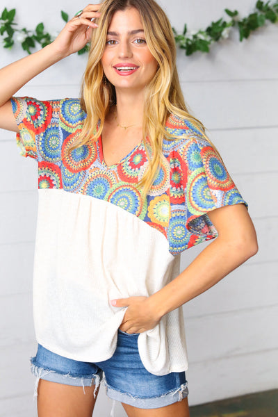 Kaleidoscope Print Babydoll Yoke Top