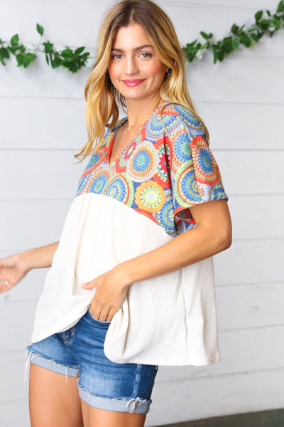 Kaleidoscope Print Babydoll Yoke Top