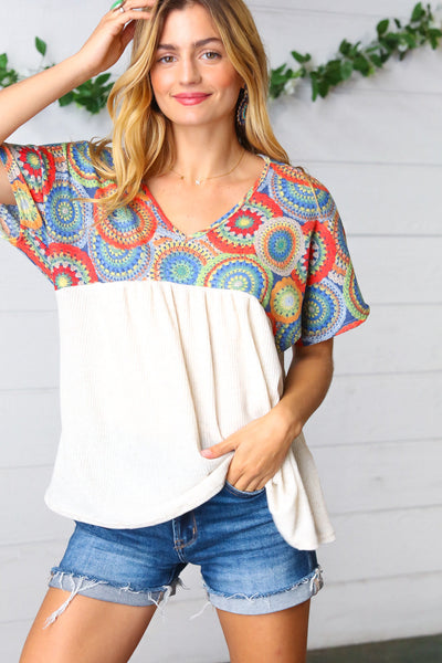 Kaleidoscope Print Babydoll Yoke Top