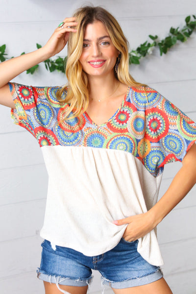 Kaleidoscope Print Babydoll Yoke Top