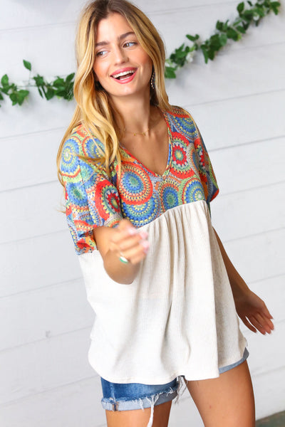 Kaleidoscope Print Babydoll Yoke Top