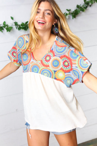 Kaleidoscope Print Babydoll Yoke Top