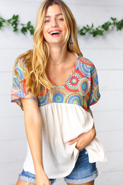 Kaleidoscope Print Babydoll Yoke Top