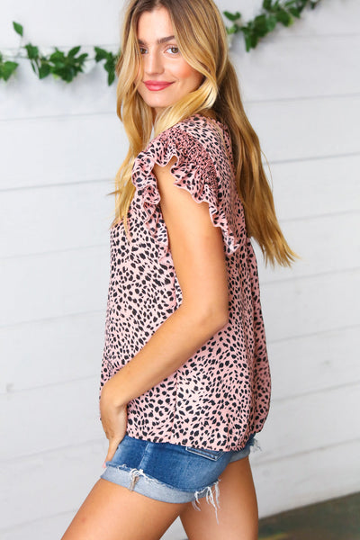 Blush Leopard Print Smoked Ruffle Button Keyhole Blouse