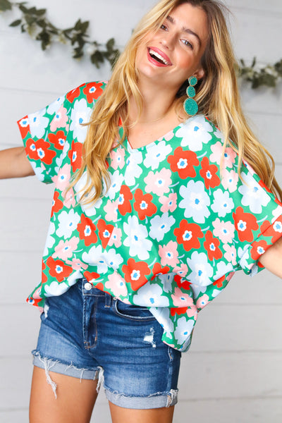 Multicolor Flat Floral V Neck Drop Shoulder Top