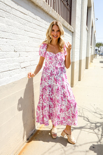 Feeling Femme Pink Sweetheart Neck Bustier Floral Tiered Dress