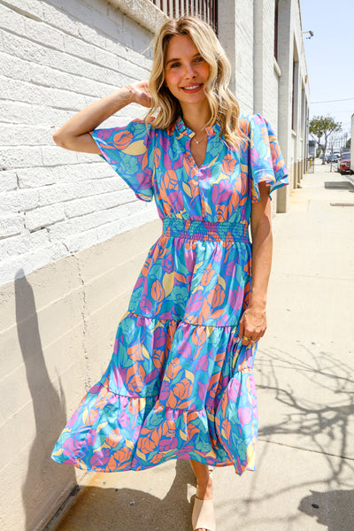 Can't Say No Blue Tropical Floral Frill Notch Neck Bubble Sleeve Dress