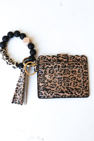 Leopard Print Silicone Bead Slim Wallet Wristlet with Tassel