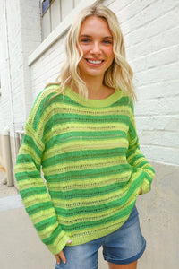 Dazzle in Lime & Green Stripe Long Sleeve Loose Knit Sweater
