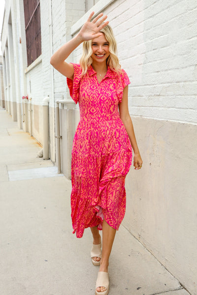 Find Love Fuchsia & Coral Boho Print Flutter Sleeve Dress