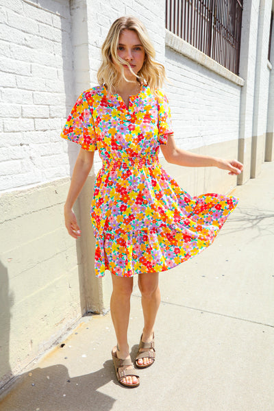 Spring Vibes Coral Notch Neck Smocked Waist Ruffle Hem Dress