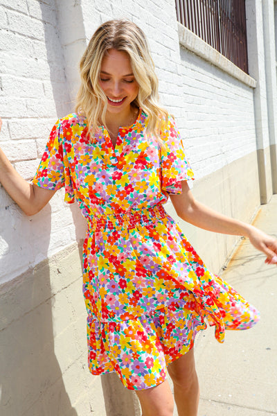 Spring Vibes Coral Notch Neck Smocked Waist Ruffle Hem Dress